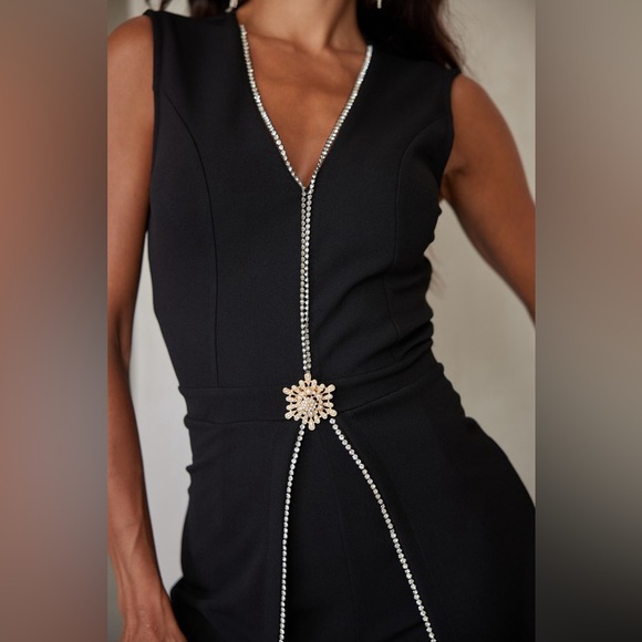 40. High Rise Jeweled Jumpsuit with Brooch in Black - Picture 2 of 7
